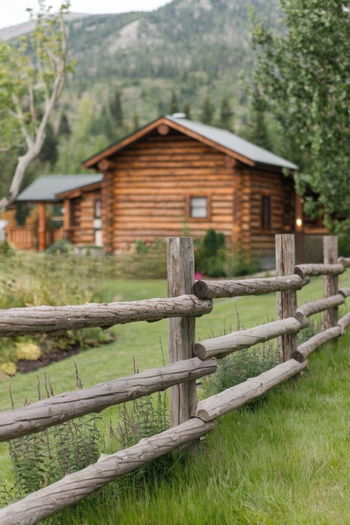 A wooden hut with a green roof stands surrounded by trees and a mesh fence on a lawn with mountains in the background.