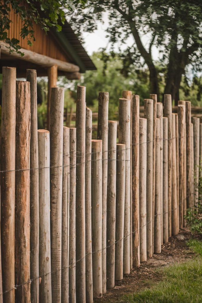 In the foreground there is a rustic wooden fence with vertical tree trunks against the background of trees and a building.