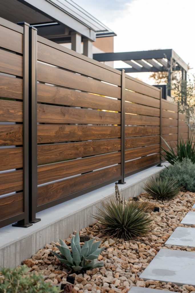 Wooden picket fence with metal posts borders a garden full of succulents and stones. In the background a modern building and a pergola.