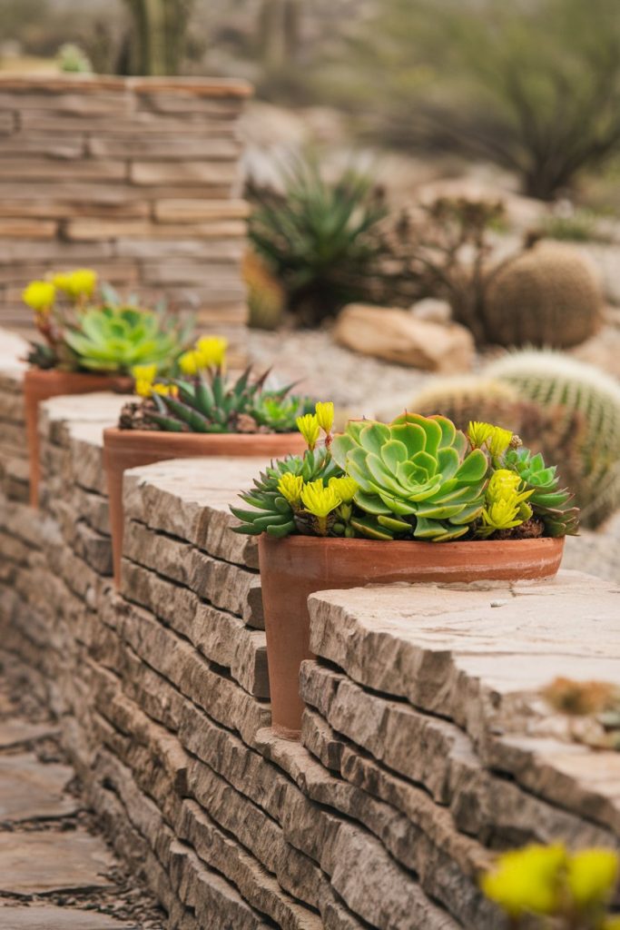 Potted succulents with yellow flowers line a stone wall in a desert garden.