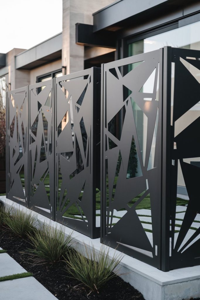 Decorative metal panels with geometric cutouts stand in a row next to a modern building surrounded by plants and stone paths.