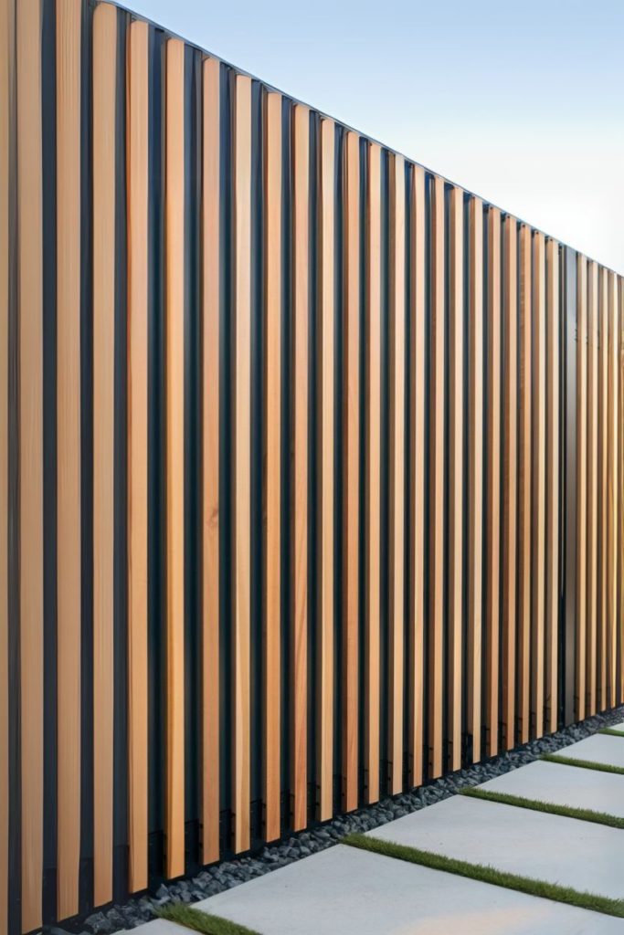 Vertical wooden slats form a modern fence, casting shadows on the ground with a clear blue sky above. Stone and grass tiles are in the foreground.