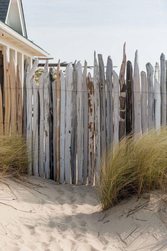 Weathered wooden fence with tall grass on a sandy path, next to a house.