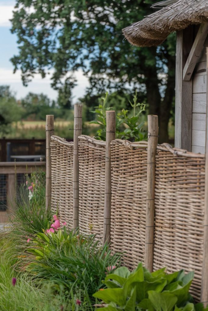 Woven fence panels with bamboo posts line a garden path surrounded by lush green plants and pink flowers near a rustic wooden structure.