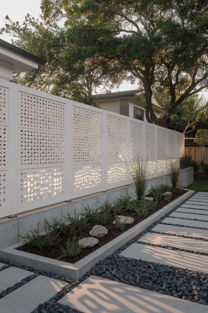 Modern white perforated fence with geometric patterns, next to a landscaped garden with stones and plants. Sunlight penetrates and creates shadows on a concrete path.