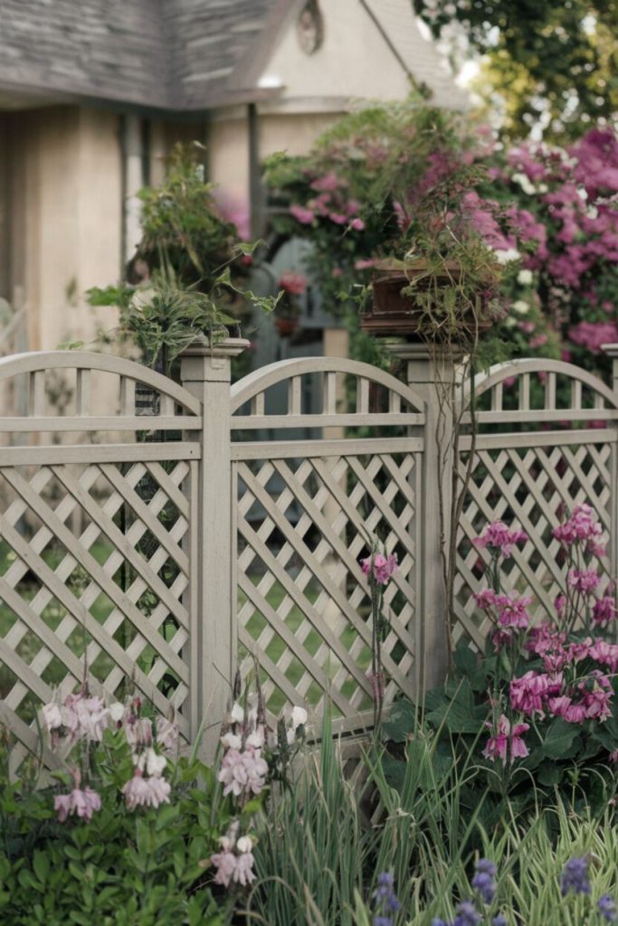 A wooden fence with a lattice pattern surrounded by pink and purple flowers and green plants, with a partially visible house in the background.