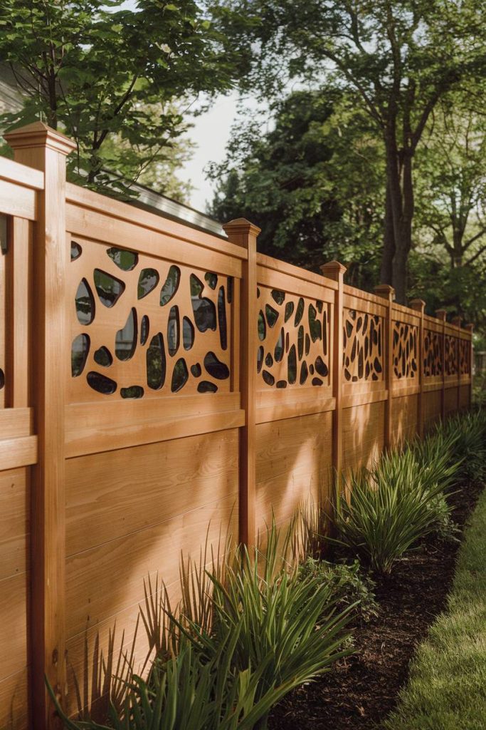 A wooden fence with decorative cut-out panels is lined with green plants. Trees and foliage can be seen in the background.