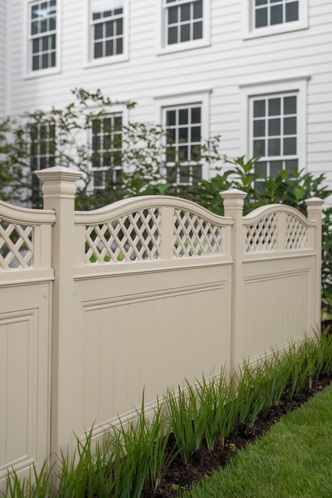 White lattice fence with decorative posts in front of a house with a white facade and several windows surrounded by green plants.