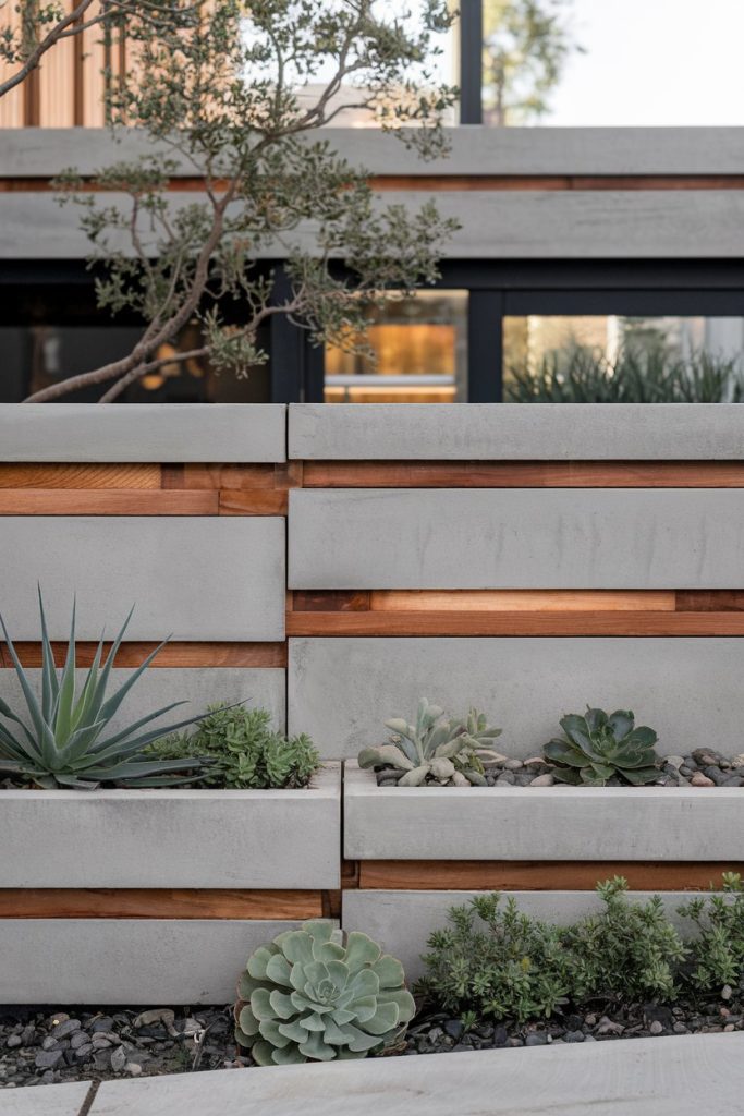 Modern concrete planter with wood accents, featuring succulents and shrubs in a landscaped setting.