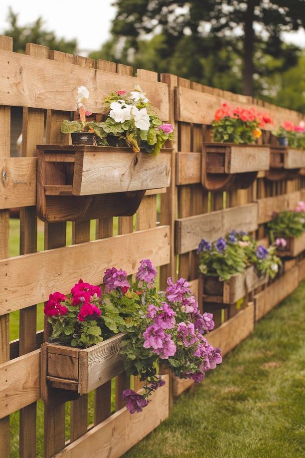 Vertically arranged wooden pallets with various colorful flowers in rectangular boxes in front of a lawn and trees in the background.