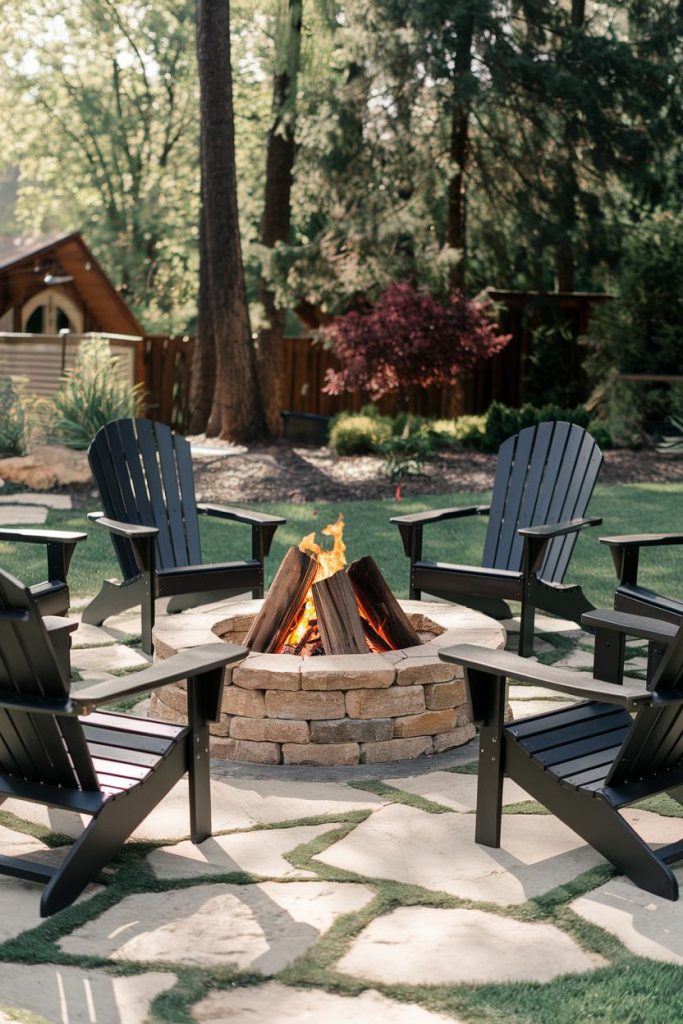 A round stone fire pit surrounded by six black Adirondack chairs in a garden with trees and lawn.