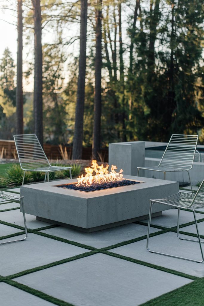 A modern outdoor patio features a concrete fire pit surrounded by metal chairs and lush trees in the background.