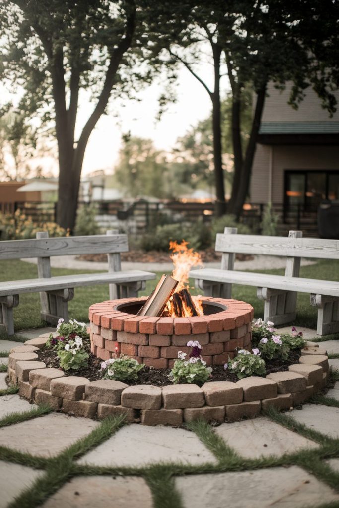 A brick fire pit with benches sits in a landscaped backyard surrounded by trees.