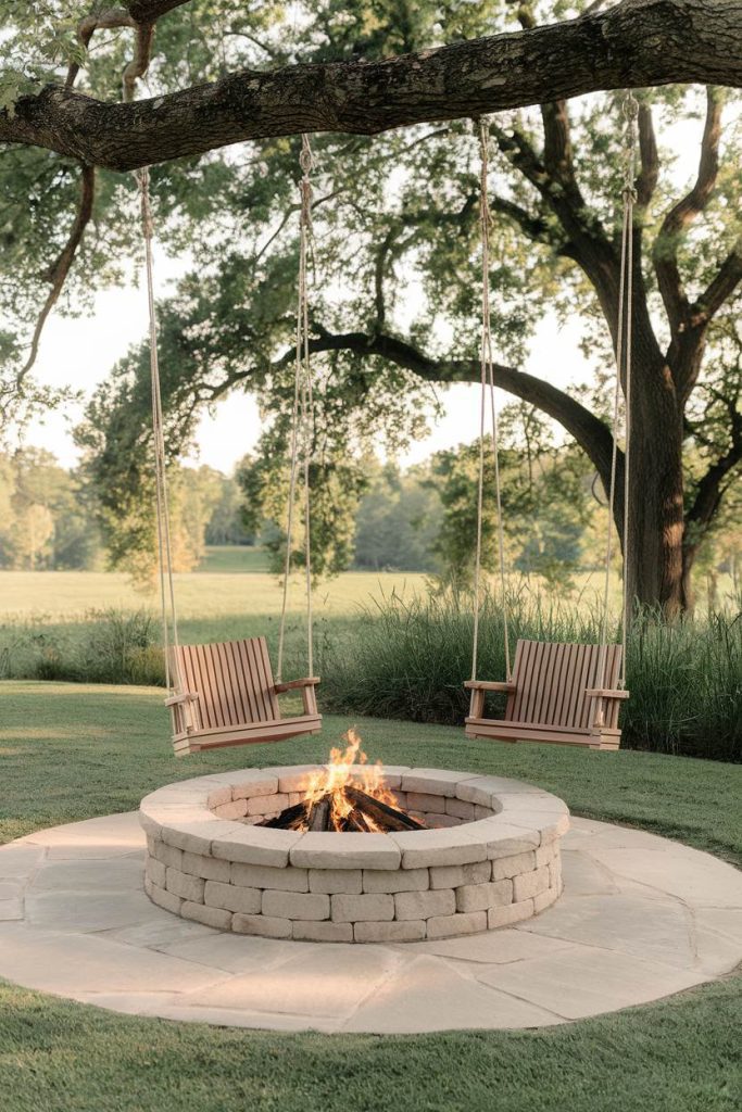 A stone fireplace with a burning fire is surrounded by two wooden swings hanging from a tree on a lawn.