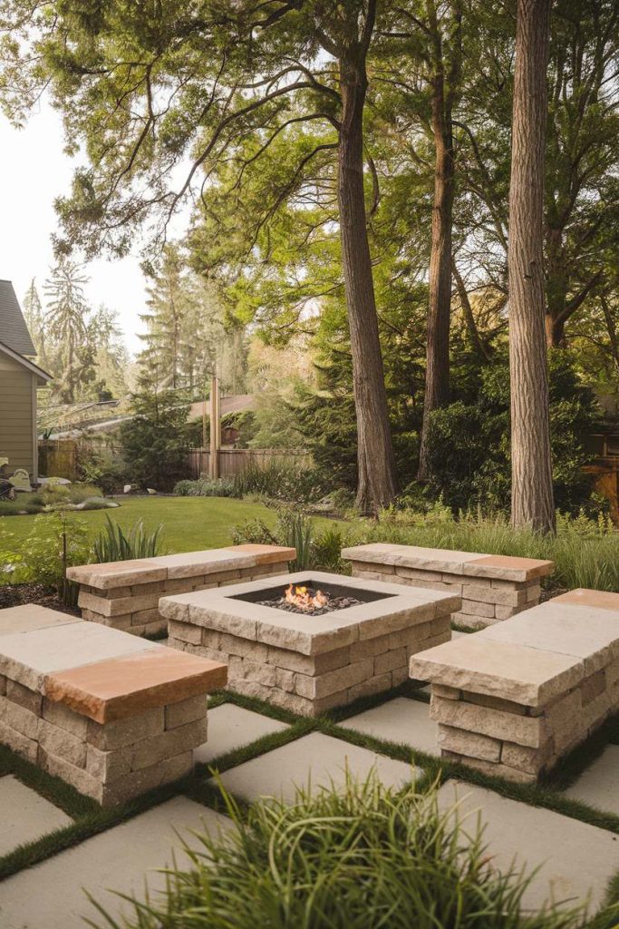 Round outdoor stone seating area with cushions and blankets surrounds a fire pit. Fairy lights shine above them and trees can be seen in the background.