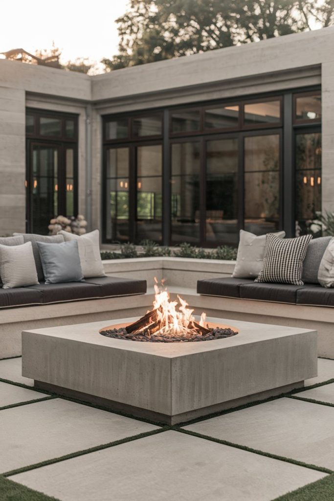 A modern outdoor patio with a square fire pit in the center surrounded by cushioned benches and greenery.