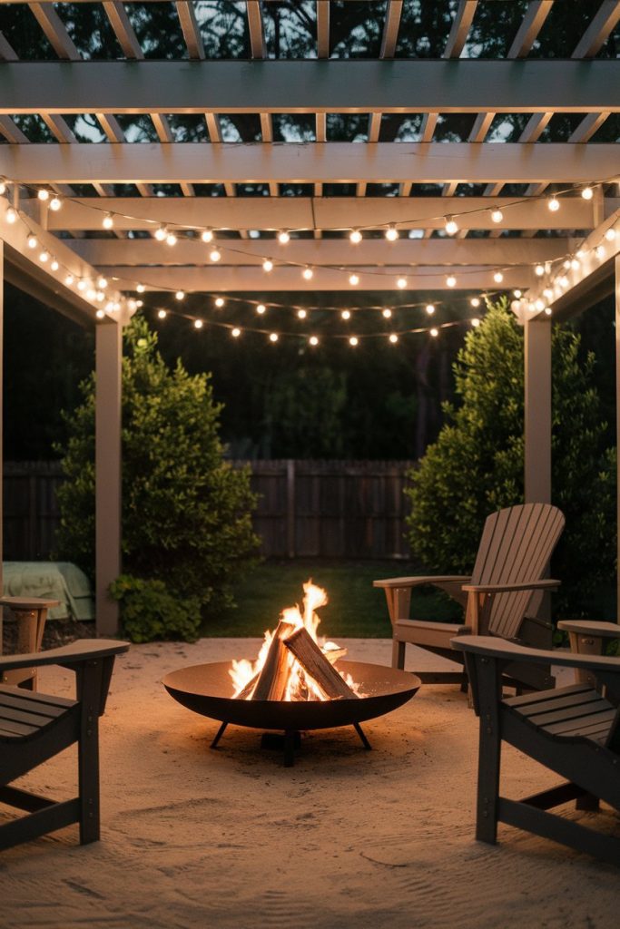 A lit fire pit under a pergola decorated with fairy lights, surrounded by Adirondack chairs on a sandy surface, with plants and a wooden fence in the background.