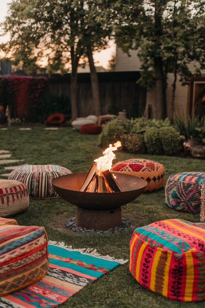 A lit fire pit surrounded by colorful patterned stools and rugs on a lawn, with trees and a wooden fence in the background.