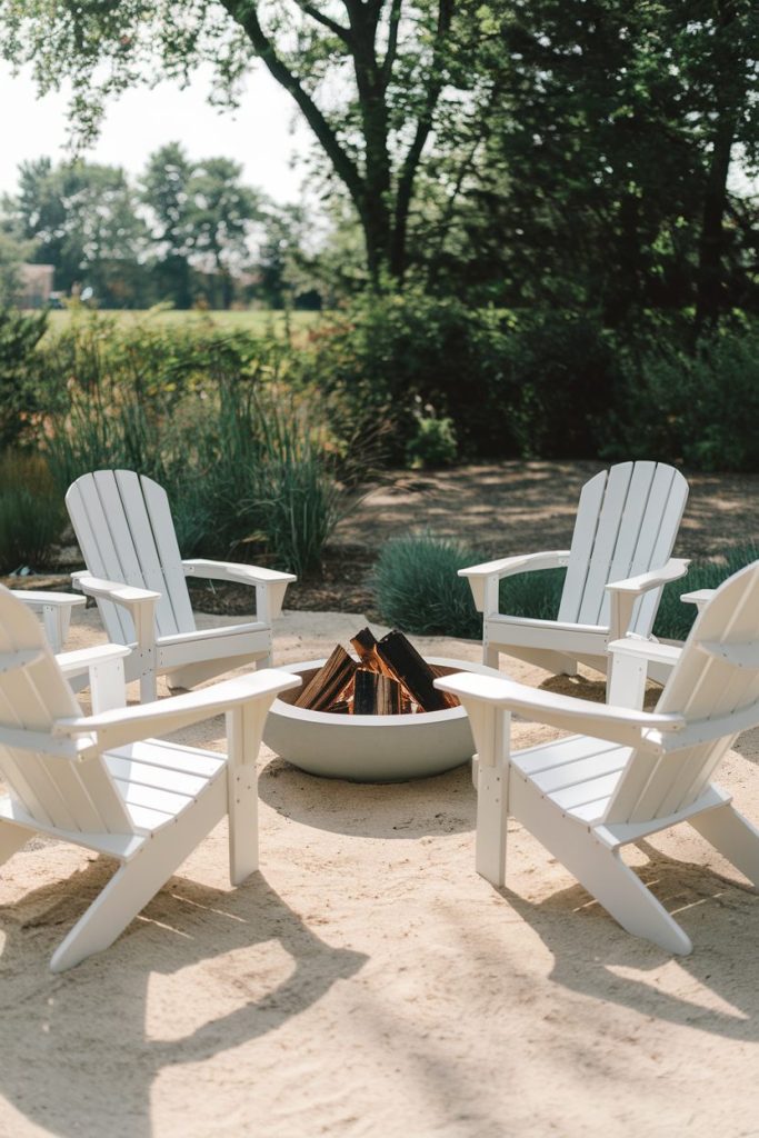 Four white Adirondack chairs surround a burning fire pit on sandy soil with trees and greenery in the background.