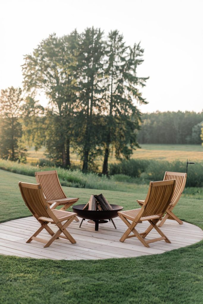 Four wooden chairs are arranged around a fire pit on a circular wooden patio, with a lawn and trees in the background.