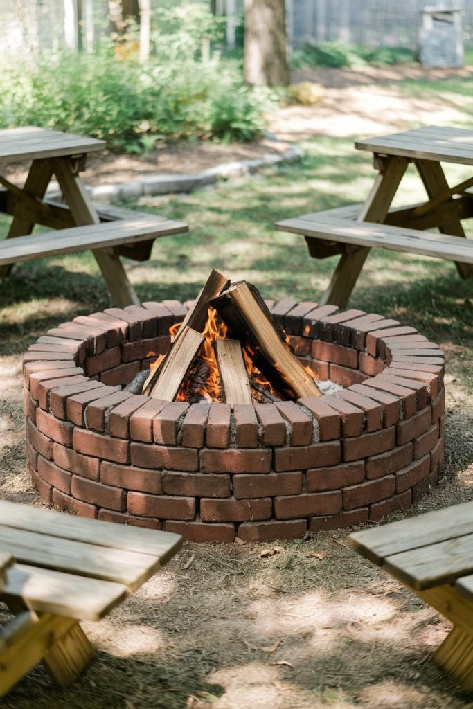 Brick fire pit with burning logs surrounded by wooden picnic tables on a lawn.