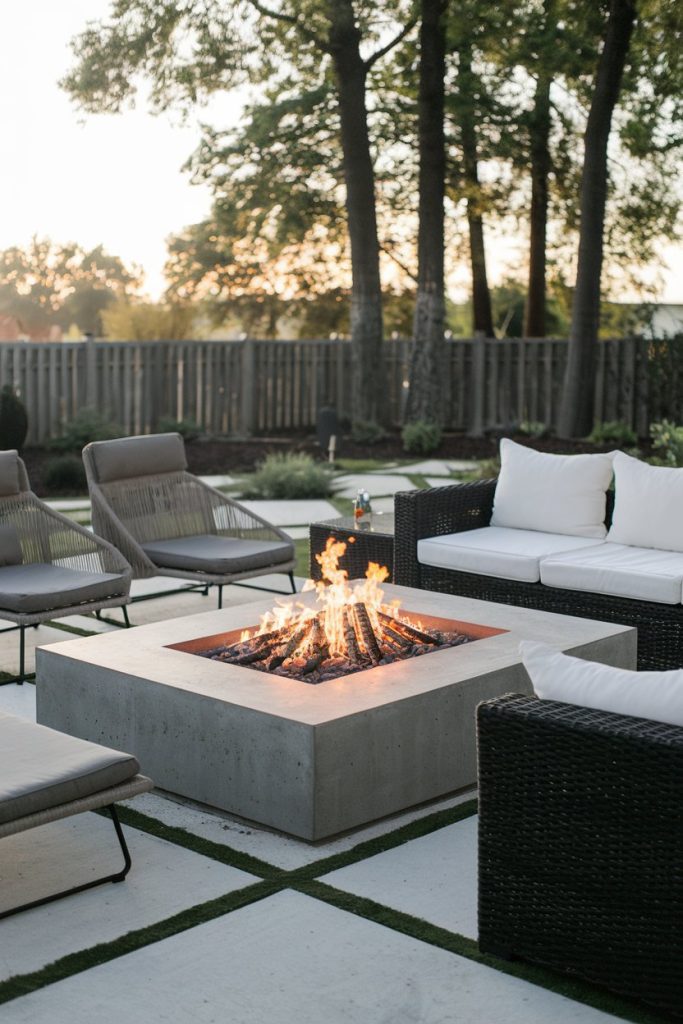 Modern outdoor patio with rectangular concrete fire pit surrounded by wicker chairs and a sofa with white cushions. Trees and a wooden fence can be seen in the background.