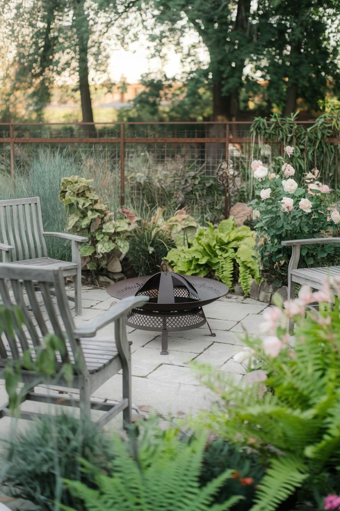 A circular patio with a metal fire pit in the center surrounded by four wooden chairs. The area is planted with ferns, bushes and flowering plants.