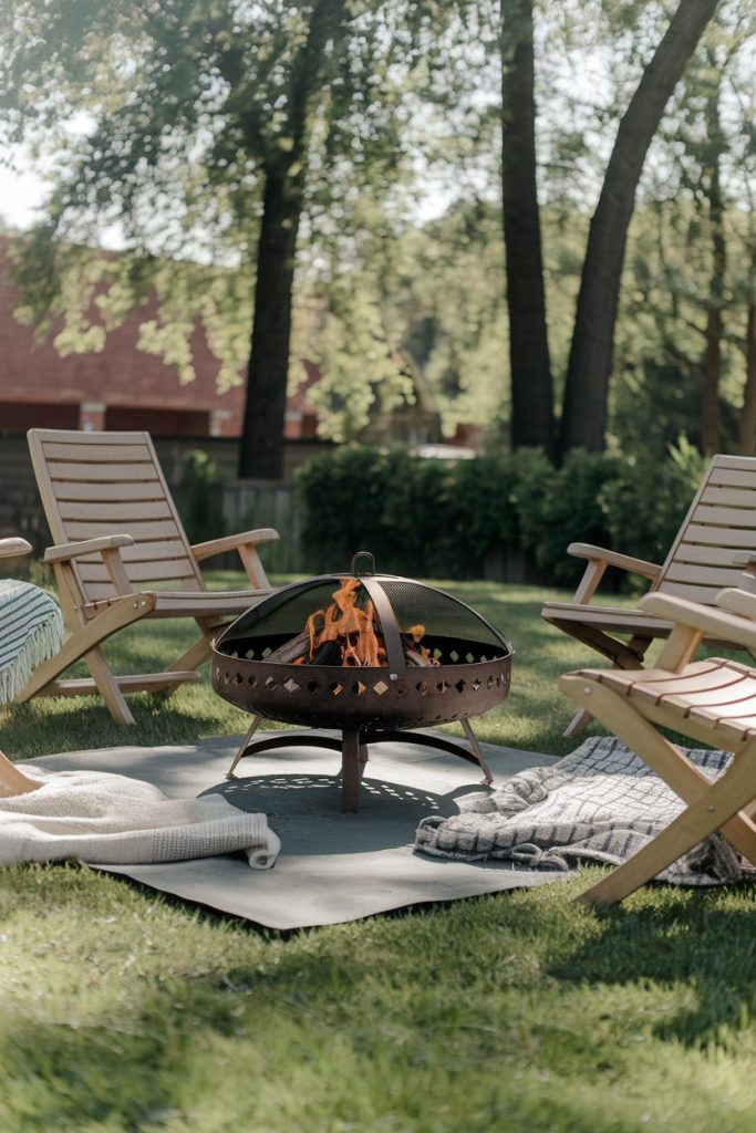 Four wooden chairs surround a burning fire pit on the lawn, blankets are draped over the chairs and a mat lies underneath. Trees and a building can be seen in the background.