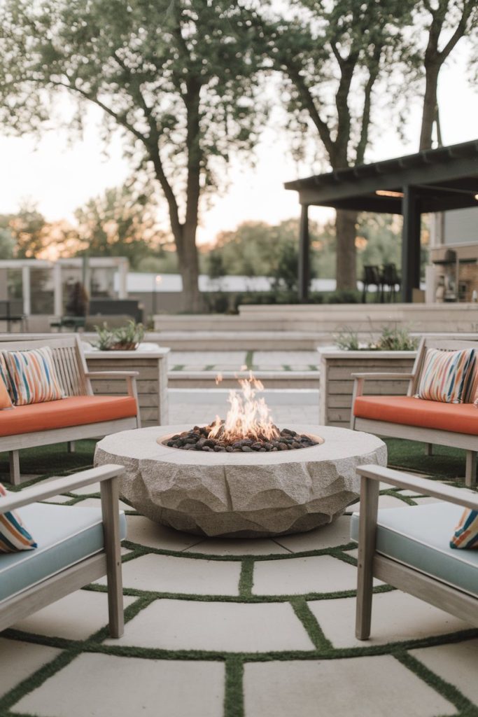 Outdoor seating area with a central fire pit surrounded by stone benches with colorful cushions. Trees and a pergola can be seen in the background.