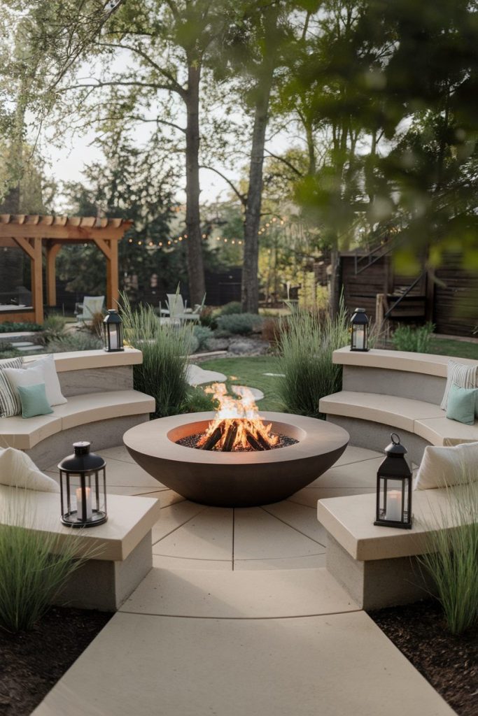 Circular outdoor fire pit area with curved seating, lanterns and cushions. Fairy lights and wooden pergola in the background amidst trees and greenery.