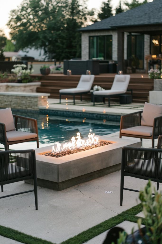 Modern backyard with a rectangular fire pit, surrounding chairs, pool and lounge chairs on a wooden deck. Trees and a house can be seen in the background.