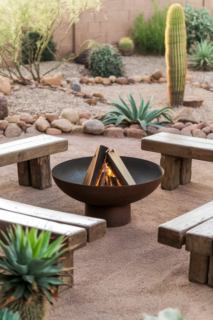 A round fire pit with logs is surrounded by wooden benches and sits in a desert garden with cacti and rocks.