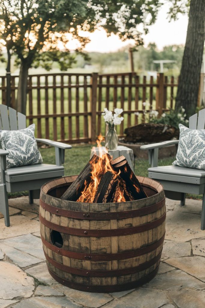 A round wooden fire pit on a patio with burning logs surrounded by two gray chairs with cushions and a vase of white flowers on a small table.