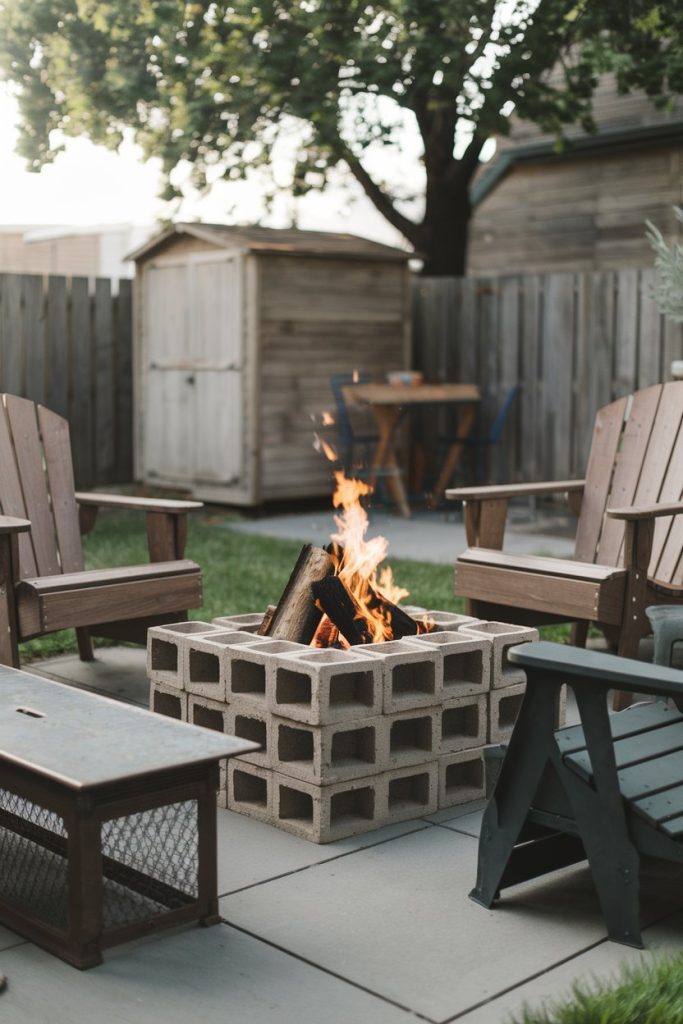 A backyard with wooden chairs around a cinder block fire pit, burning logs with bright flames. In the background a wooden shed and a small table.