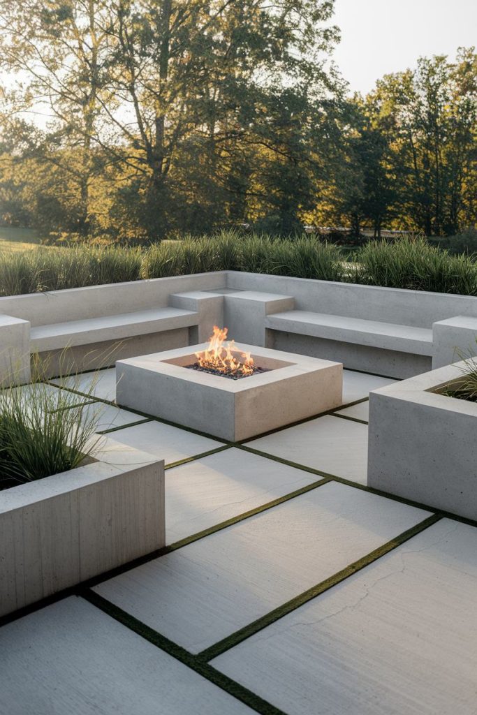 Modern outdoor seating area with concrete benches and a central fire pit surrounded by grass with a backdrop of trees.