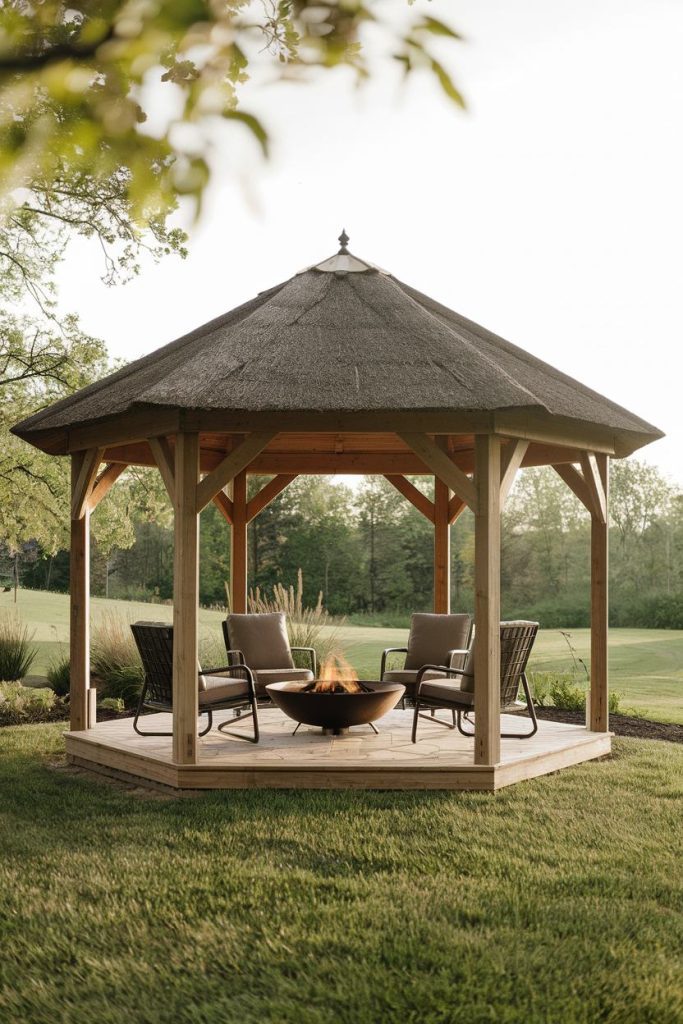 A wooden gazebo with a thatched roof, four chairs and a fire pit in a green garden area.