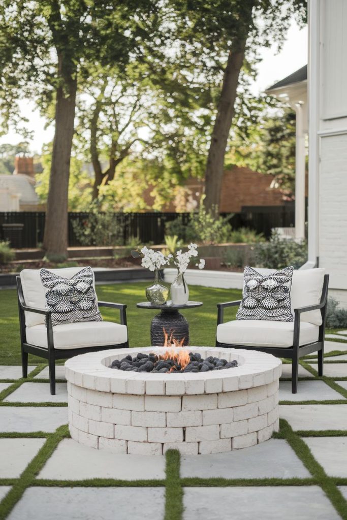 A white stone fire pit surrounded by two cushioned chairs, a small table with a flower vase and a lawn with large trees in the background.