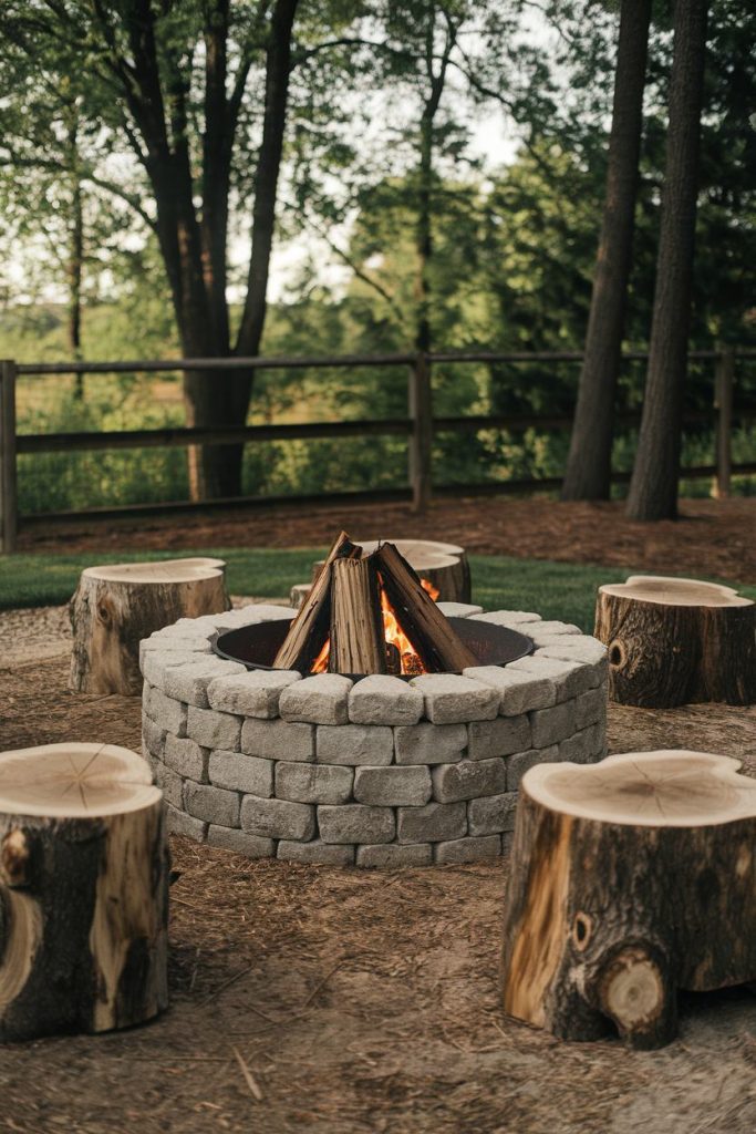 Stone fire pit with a small burning fire surrounded by wooden bench seating in a wooded outdoor area.