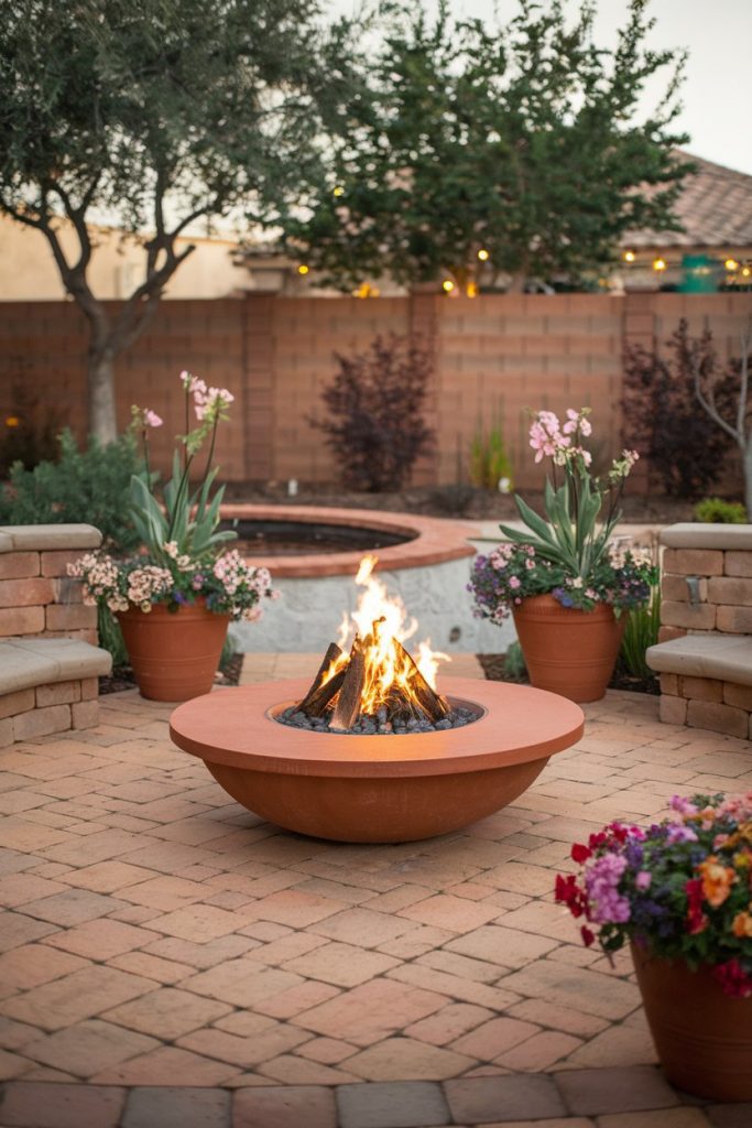 Backyard patio with a round fire pit on a brick surface surrounded by potted flowers and trees, with a wooden fence and a house in the background.