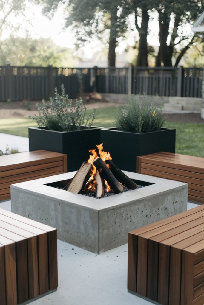 Outdoor patio with a square concrete fire pit surrounded by wooden bench seating, nestled in a landscaped garden area.