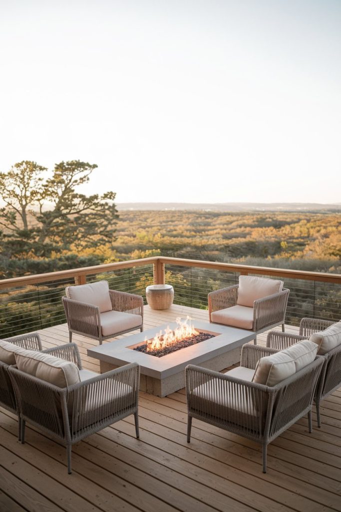 Outdoor patio with square fire pit surrounded by six cushioned wicker chairs. Scenic view of trees in the background.