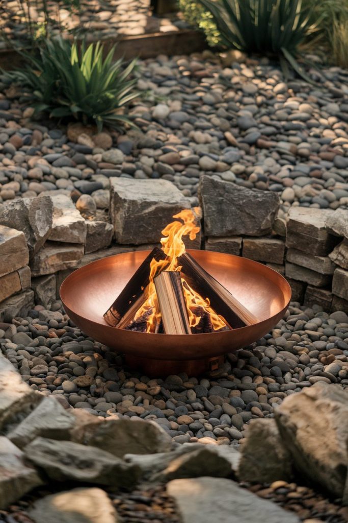 A fire pit with burning wood is surrounded by stones and small rocks and is set in a landscaped garden area.