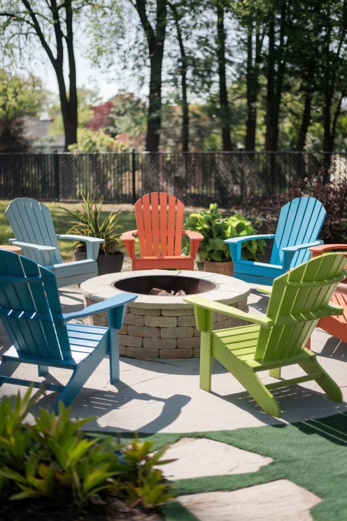 Colorful Adirondack chairs arranged in a circle around a stone fire pit in a backyard with trees and a fence.