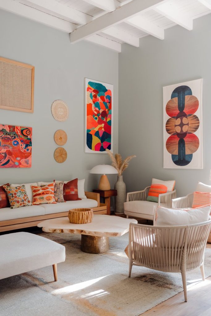 A modern living room with colorful abstract art on the walls, furniture in neutral tones and a wooden coffee table. Bright cushions and a large carpet complete the furnishings.