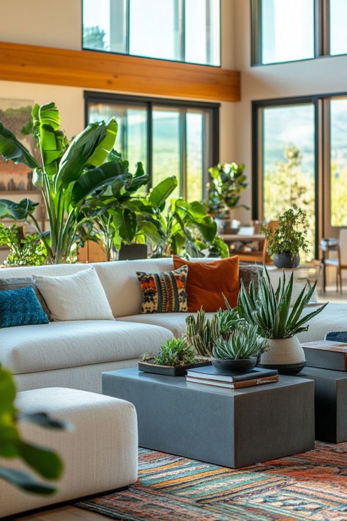 Modern living room with a white sofa set, colorful pillows, gray coffee tables with potted plants, large windows and plenty of greenery in the background.