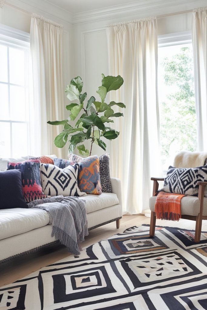 Living room with a white sofa, patterned pillows, a wooden chair, a large leafy plant and a geometric rug. Light is filtered through sheer curtains.