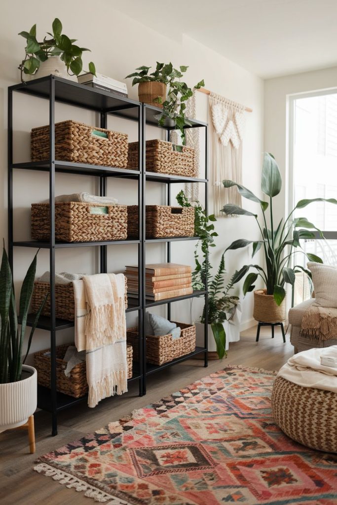 A living room with black metal shelves containing wicker baskets, plants and books. Colorful geometric carpet on the floor, plants in pots and natural light from a large window.