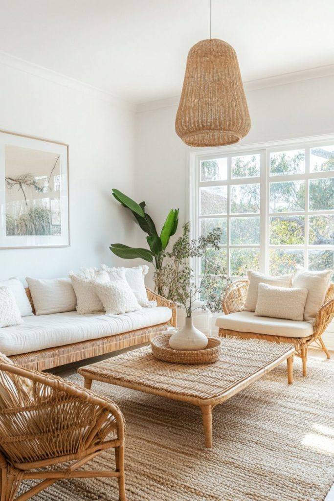 A bright living room with wicker furniture, white pillows, a large pendant light and a potted plant, framed by a large window letting in natural light.