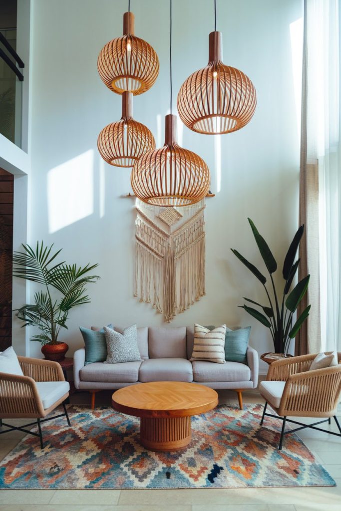 A modern living room with wooden pendant lights, a macrame wall hanging, a gray sofa with cushions, armchairs, a round wooden table and plants on a patterned carpet.