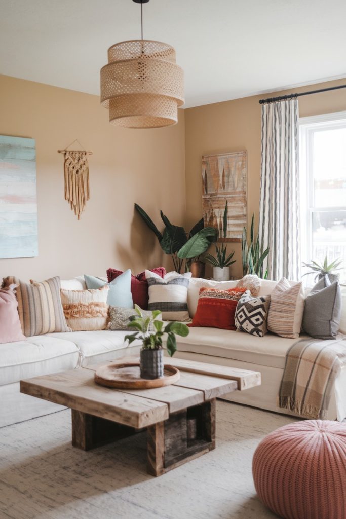 Cozy living room with a large beige sofa set, various patterned pillows, a wooden coffee table, plants and wall decoration, illuminated by natural light from a window.